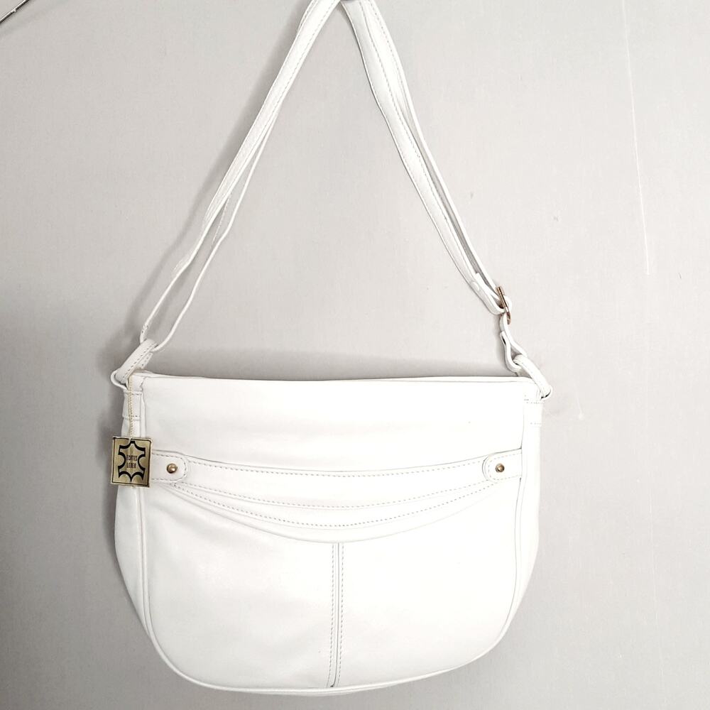 Cypress White Leather Handbag Six Zip Pouches Adjustable Strap